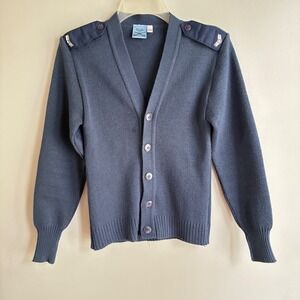 Military Equipment Cardigan Sweater Mens 30R Blue Epaulets Elbow Patch Utility